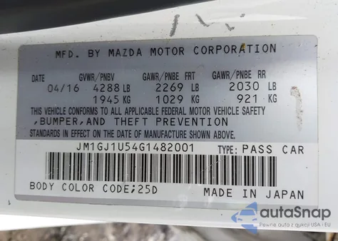 2016 Mazda Mazda6 I Sport z USA, uszkodzony, nr VIN JM1GJ1U54G1482001